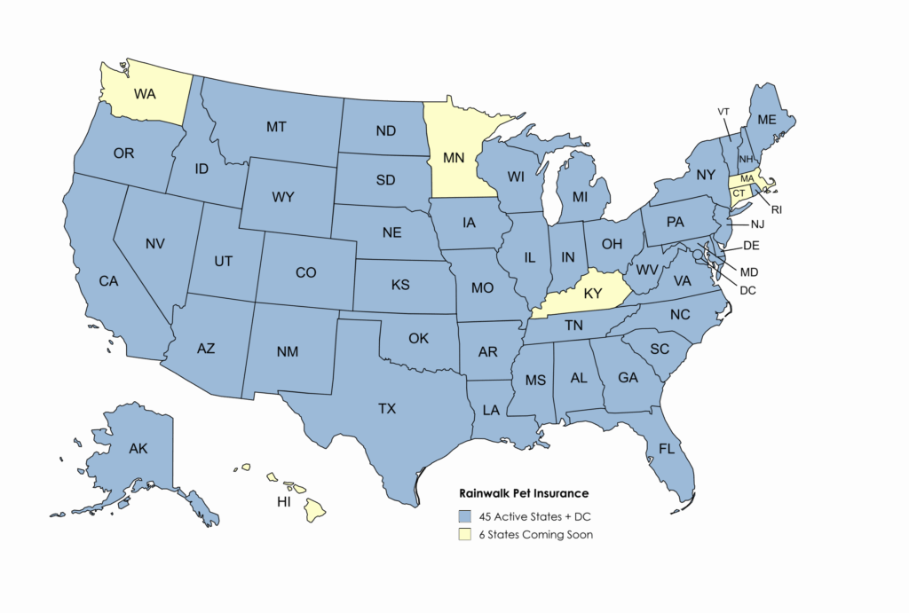 Map illustrating Rainwalk coverage availability in 45 states