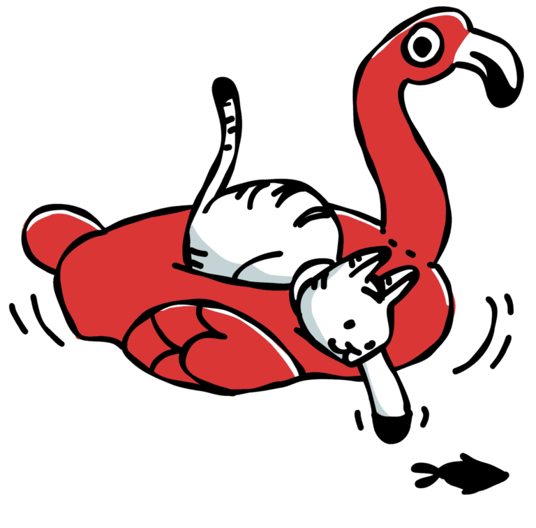 Illustrated pet floating in a pool